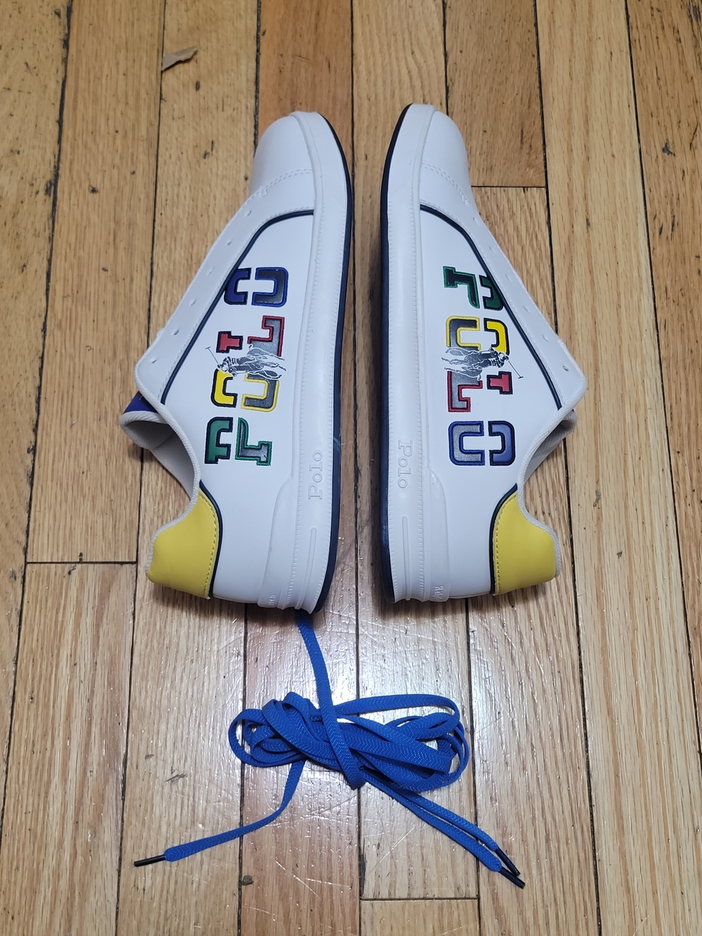 Polo by Ralph Lauren White Sneakers with Yellow Heel & Blue Laces